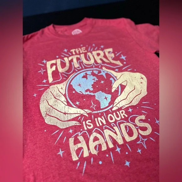 The Future is in Our Hands Red Screen Print T Shirt - Picture 6 of 8